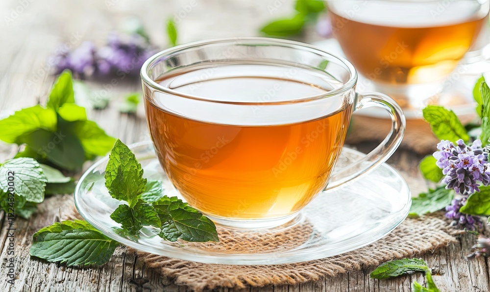 Herbal tea with mint on rustic wood table, healthy beverage Herbal tea with mint on rustic wood table, healthy beverage