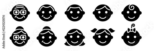 Face family icon set. Line icons of people of different ages. Face icon baby, sister, brother, girl, boy, mother, father, grandfather, grandmother, male, female. Cute face icon. Vector illustration