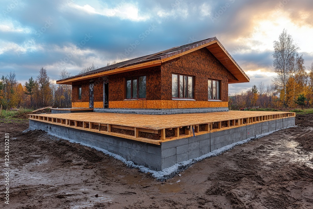 Obraz premium New house under construction, wood frame on concrete foundation. Illustrates home building progress and foundation stages.
