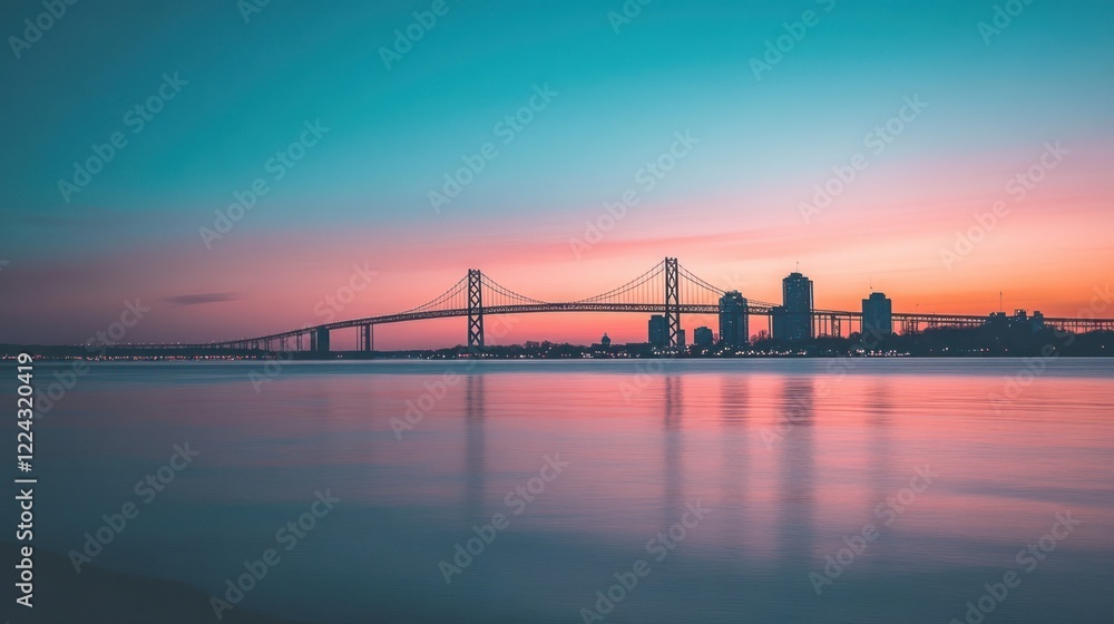 Fototapeta premium Sunset Cityscape Bridge Reflection Waterfront Calm