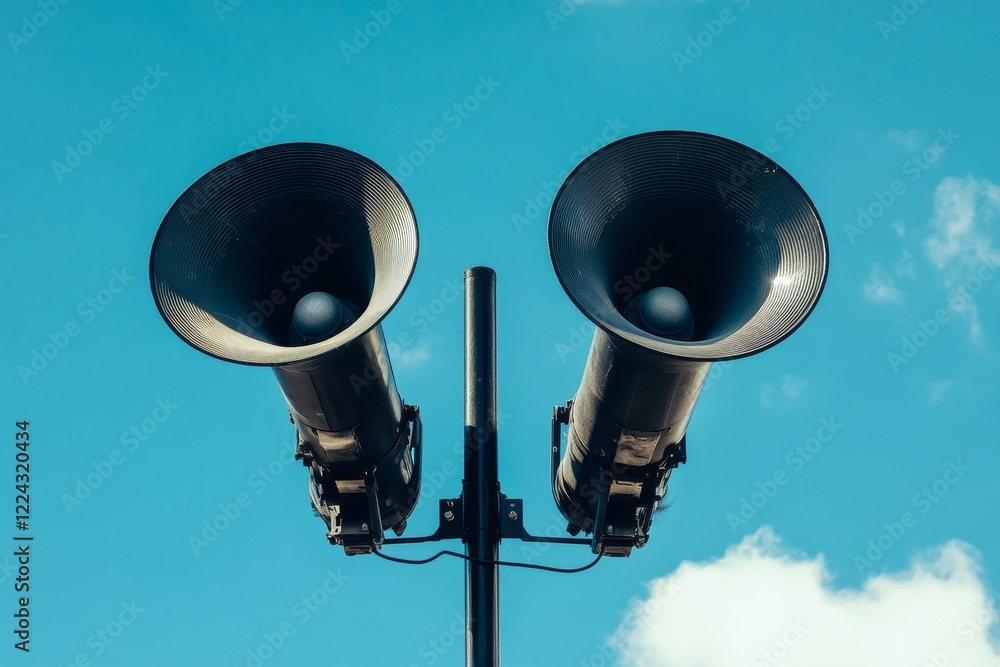 Dual loudspeakers mounted on a pole against a bright blue sky. Dual loudspeakers mounted on a pole against a bright blue sky.
