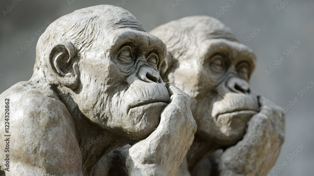 Fototapeta premium Realistic Stone Sculptures of Contemplative Primates in Thoughtful Pose : Generative AI