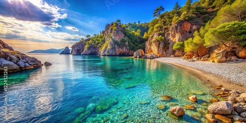 Serene Kilimli Koyu Ava: Pebble Beach, Crystal Clear Water, Rocky Cliffs, Coastal Scene Stock Photo photo