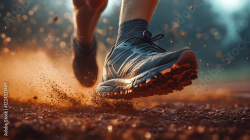 Close up of running shoes kicking up dirt while exercising outdoors for fitness