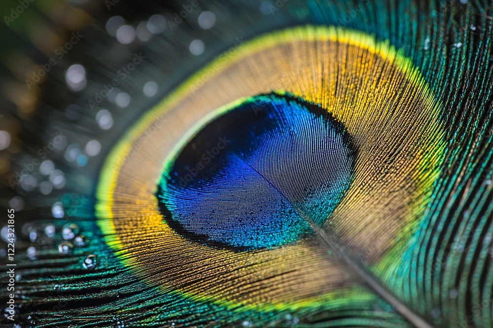 Naklejka premium Close-up of a vibrant peacock feather showcasing intricate patterns and vivid colors, ideal for nature photography