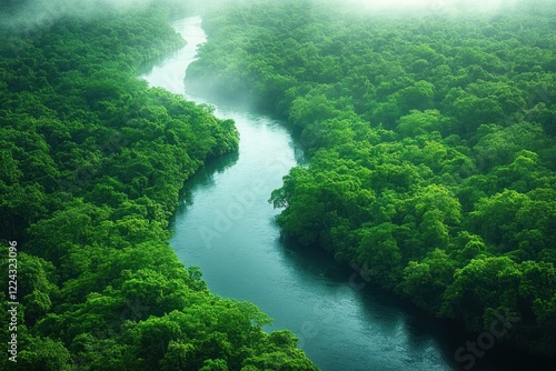 Aerial View of Lush Green Rainforest with Winding River in Amazonas photo