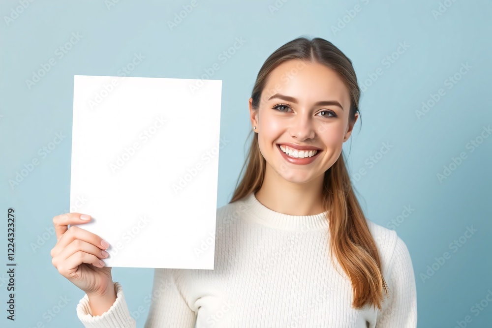 A cheerful woman holding a blank paper sign, set against a light blue background, smiling brightly at the camera. A cheerful woman holding a blank paper sign, set against a light blue background, smiling brightly at the camera.