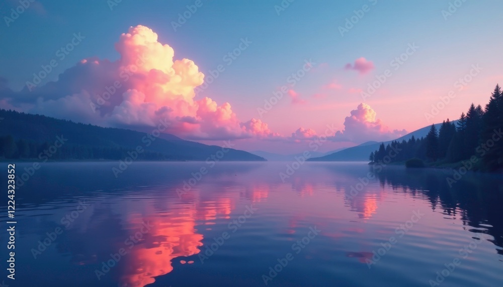Obraz premium Softly glowing clouds float above a serene lake at dusk, sky, water
