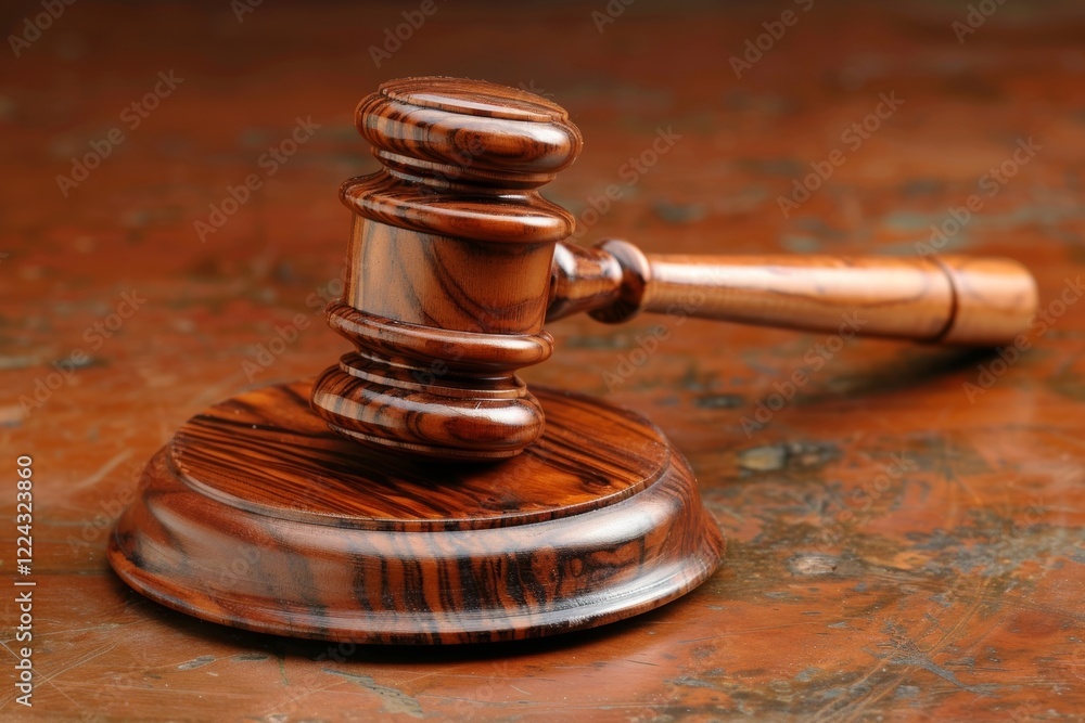 A wooden gavel placed prominently on a table, symbolizing justice in a courtroom setting. A wooden gavel placed prominently on a table, symbolizing justice in a courtroom setting.