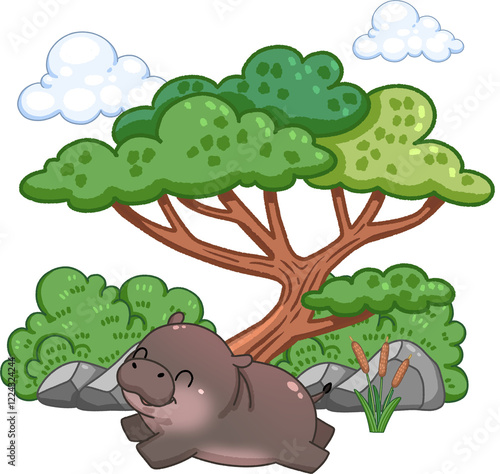 Cute cartoon pygmy hippo in zoo illustration photo