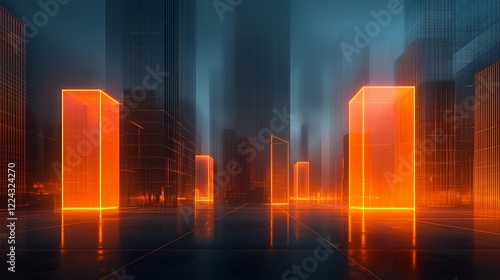 Glowing orange cubes illuminate a futuristic city street at night, creating a mysterious and atmospheric scene, ideal for sci-fi or technology backgrounds