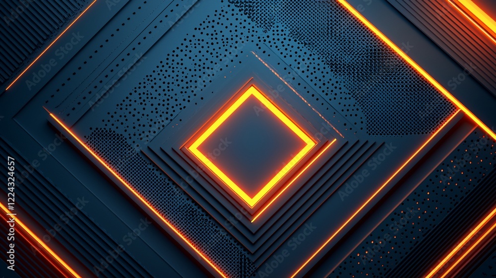 Glowing orange square in dark tech background; abstract digital design for tech presentations Glowing orange square in dark tech background; abstract digital design for tech presentations