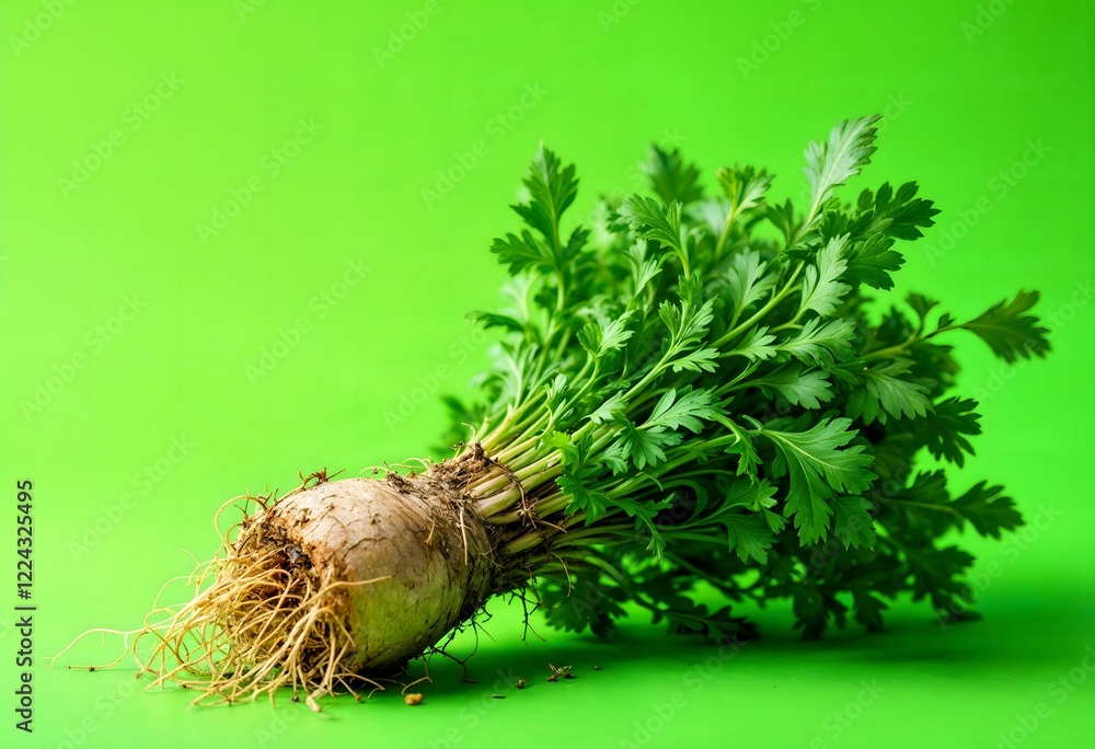 Fototapeta premium Freshly Harvested Celery Root with Lush Green Leaves on Vibrant Green Background - Healthy Eating Concept, Organic Produce, Culinary Ingredient, Farm to Table