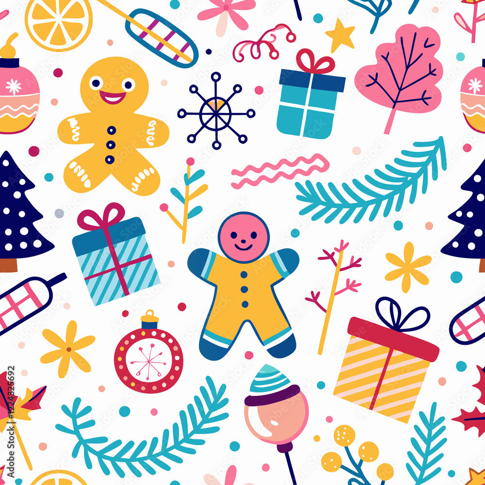 Naklejka premium Seamless Christmas pattern with gingerbread men, gifts, and winter elements.