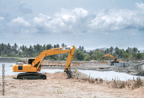 Active Wave Breaker Construction at Glagah Beach with Heavy Machinery in Yogyakarta