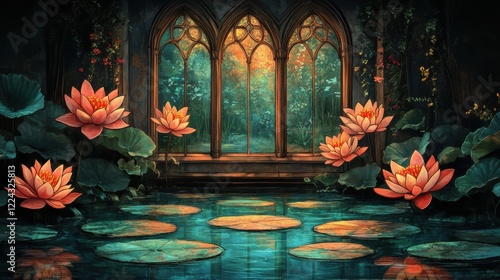 Enchanting Water Garden with Blooming Lotus Flowers and Gothic Arched Windows in a Mystical Forest Setting