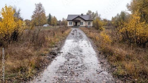 Muddy autumn road to rural house photo