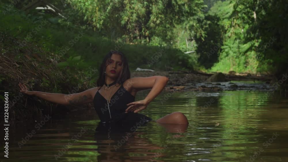 A young girl wearing a black outfit delights in the river's charm. A young girl wearing a black outfit delights in the river's charm.