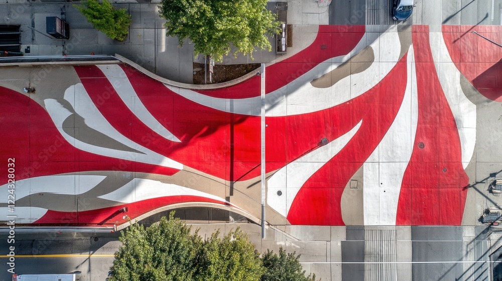 Fototapeta premium Abstract urban pathway aerial, red white design, city street background, public art
