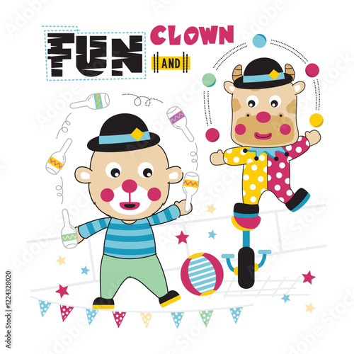 Cartoon clowns performing with juggling bottles and unicycle on colorful stage. Circus theme concept
