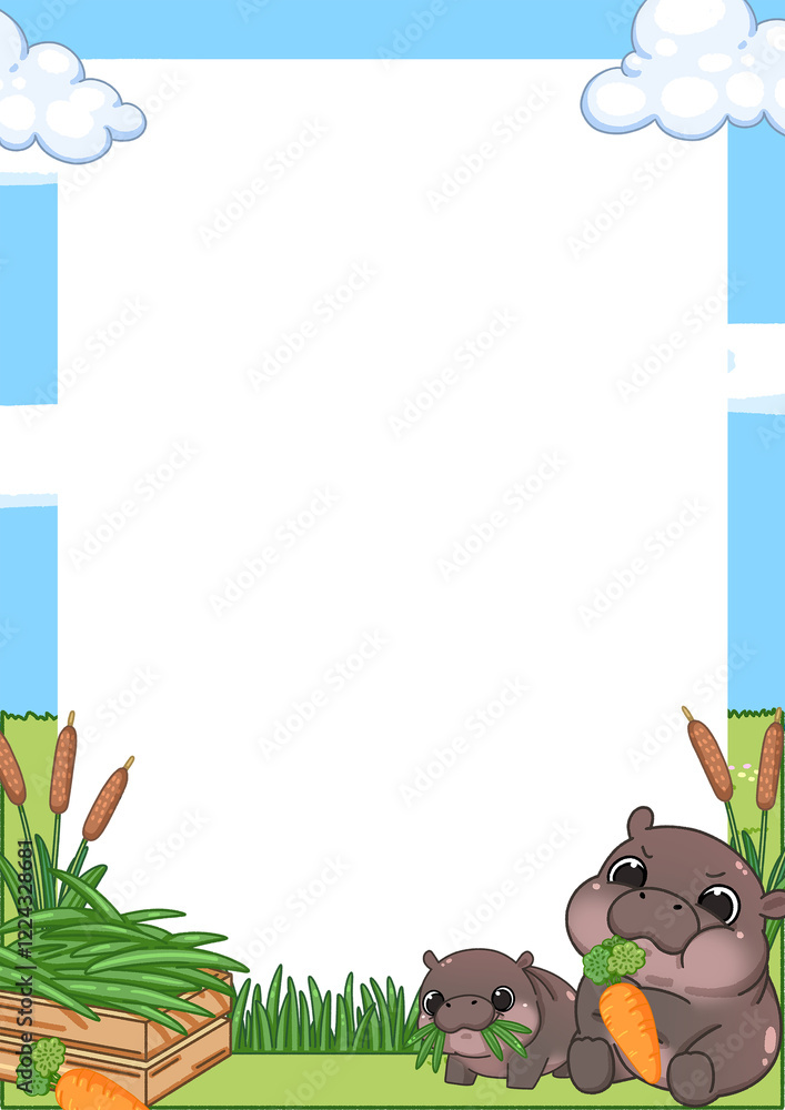 Frame of cute pygmy hippo cartoon illustration