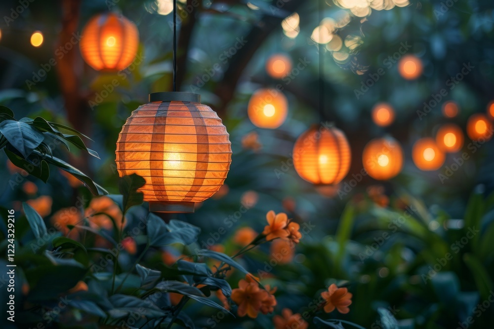 Fototapeta premium A glowing lantern hangs in a tropical forest, surrounded by lush green leaves and warm orange lights. AI generative. .