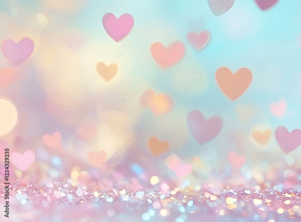 Abstract blurred background with heart-shaped bokeh, pastel pink and blue colors, white empty tabletop for product display, Valentine's Day concept. Abstract blurred background with heart-shaped bokeh, pastel pink and blue colors, white empty tabletop for product display, Valentine's Day concept.