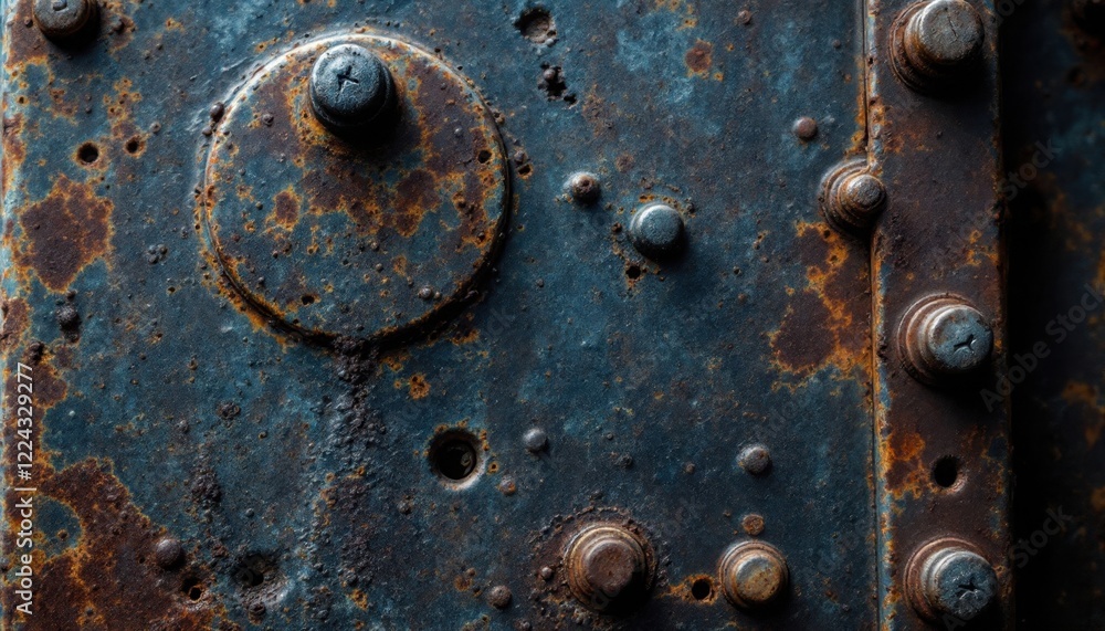 Close-up of rusty metal surface with round bolts and corrosion patterns Close-up of rusty metal surface with round bolts and corrosion patterns