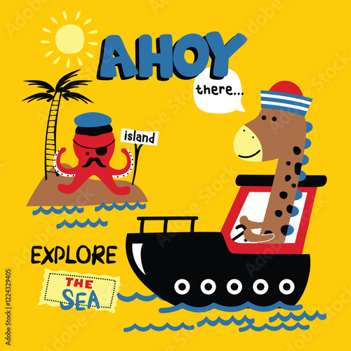 Cartoon giraffe on boat greeting octopus on island in sunny sea. Nautical exploration concept
