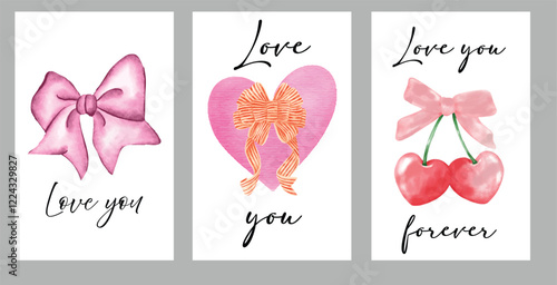 watercolor valentine love you vector card with heart and bow illustration, Creative concept of Happy Valentines Day cards set. Modern abstract art design with hearts, bows