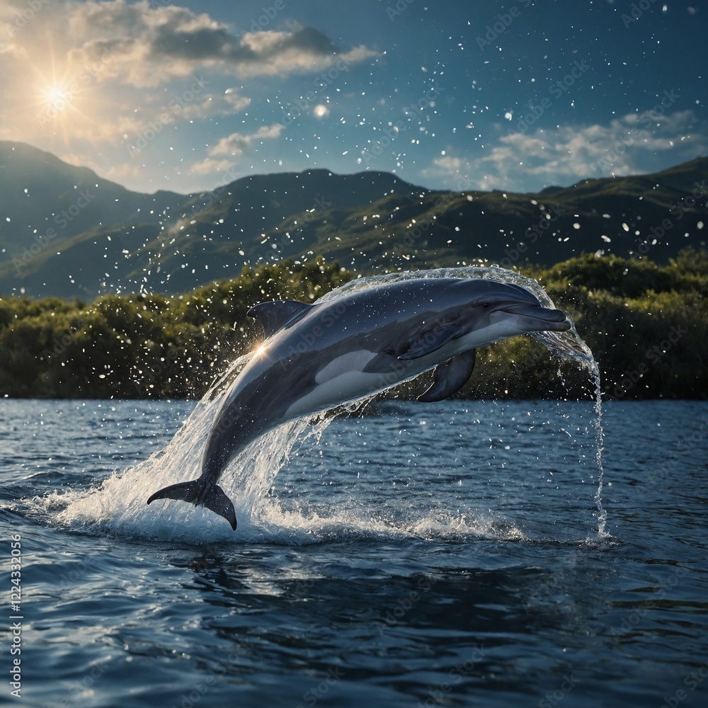 Obraz premium A dolphin trailing a stream of glowing sparkles as it leaps into the air.