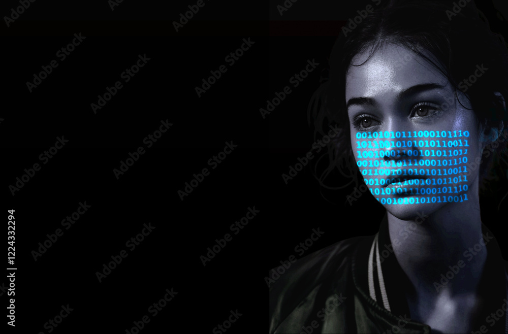 binary or computer code language on woman face. Concept of artificial intelligence (ai) and technology effects on humans jobs. binary or computer code language on woman face. Concept of artificial intelligence (ai) and technology effects on humans jobs.