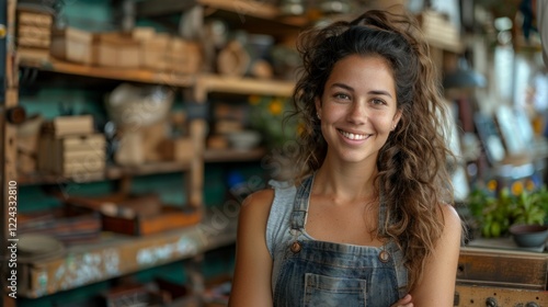 Wallpaper Mural Smiling woman in overalls with long curly hair, standing in a wood shop with shelves full of tools and wood. AI generative. . Torontodigital.ca