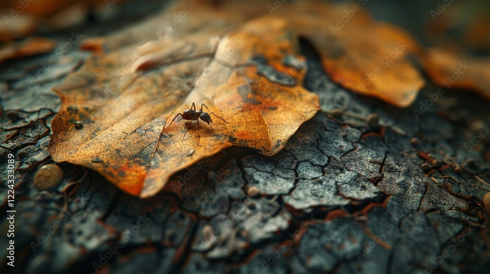 A lone ant walks on an orange leaf atop cracked, gray bark. AI generative. . A lone ant walks on an orange leaf atop cracked, gray bark. AI generative. .