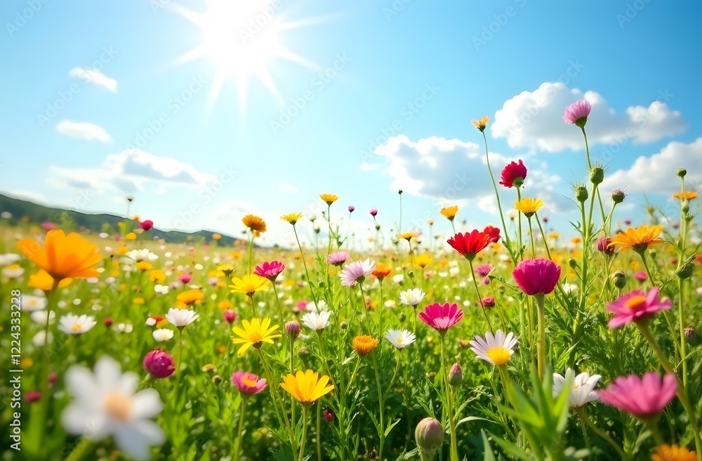 A bright meadow with wildflowers under a clear blue sky and bright sunlight creates a peaceful summer atmosphere. view from below A bright meadow with wildflowers under a clear blue sky and bright sunlight creates a peaceful summer atmosphere. view from below