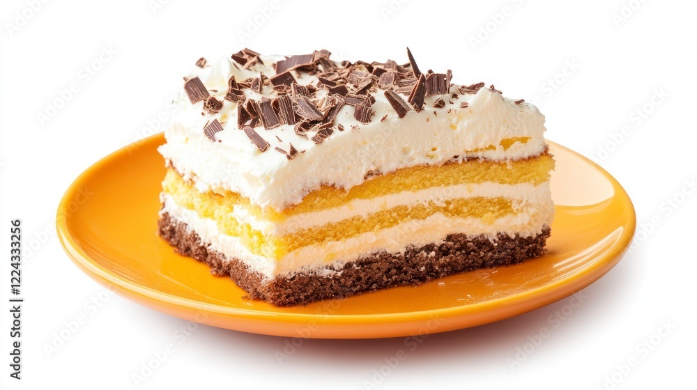 A slice of cake with layers of sweet cream and golden sponge, topped with chocolate shavings on an orange plate A slice of cake with layers of sweet cream and golden sponge, topped with chocolate shavings on an orange plate