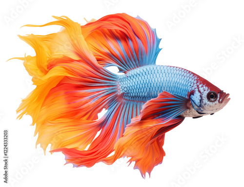 Vibrant illustration of a Siamese Fighting Fish (Betta splendens) in full display, isolated on a clean white background. Perfect for nature, aquarium, and design projects photo