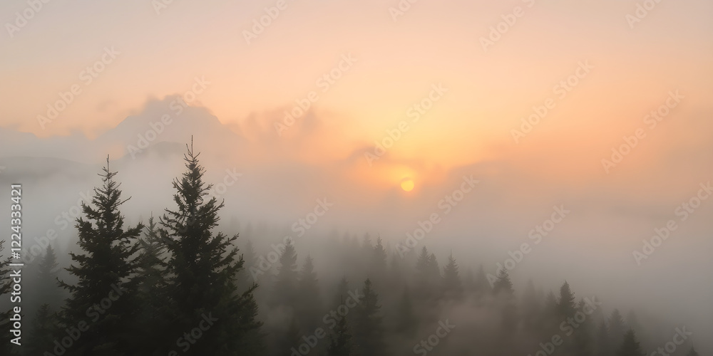 Foggy mountains with blurred pine trees and golden sunrise peeking through, stunningly captured in ultra-HD Foggy mountains with blurred pine trees and golden sunrise peeking through, stunningly captured in ultra-HD