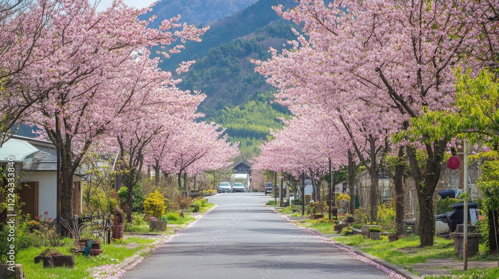 Idyllic cherry blossom lane, the pathway shaded by vibrant pink floral canopies. Idyllic cherry blossom lane, the pathway shaded by vibrant pink floral canopies.