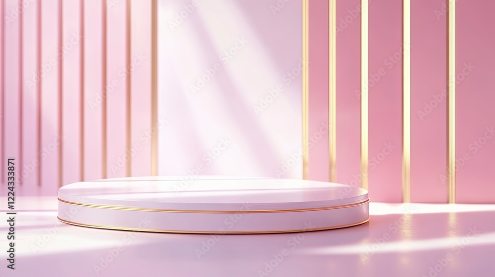Abstract white and pink background with a podium for product presentation, a Valentine's Day theme with heart-shaped decorations on an empty stage. Abstract white and pink background with a podium for product presentation, a Valentine's Day theme with heart-shaped decorations on an empty stage.