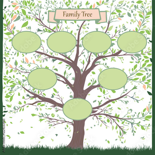 Family tree with decorative leaves in green tones. Family tree of three generation. Grandparents, parents, child. Vector illustration. A beautifully crafted family tree illustration with banners