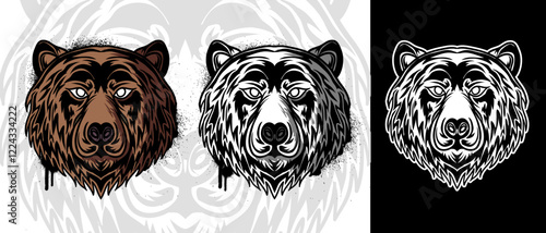 Bear tattoo vector illustration. Isolated tiger head roaring pose with color, black and white version.