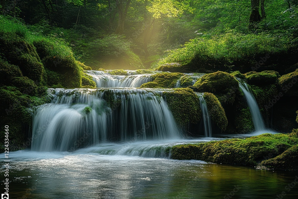 Fototapeta premium Cascading Waterfall in Lush Green Forest with Tropical Plants and Smooth Flowing Water