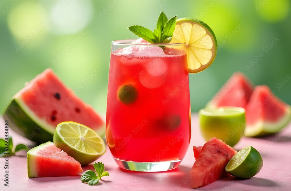 custom made wallpaper toronto digitalIce cold homemade lemonade or cocktail with mint, watermelon and fruits on a sunny table, refreshing summer drink recipe, detox diet and weight loss concept, menu for restaurant, selective focus.