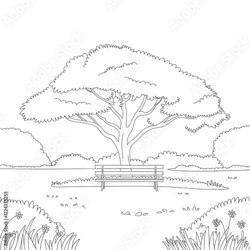 a line art illustration tree and park in seat coloring page 