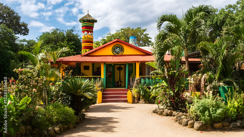 Fototapeta premium Vibrant Jamaican House with Lush Gardens and Cultural Decorations : Generative AI