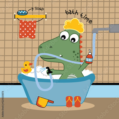 Cartoon dinosaur taking a bath with rubber duck and soap in playful setting. Bath time concept

