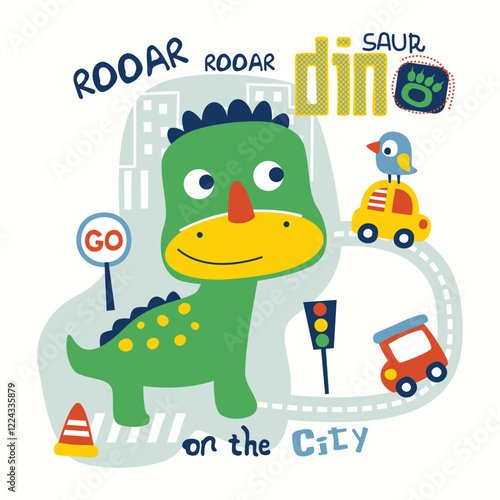 Cartoon dinosaur roaming city streets with cars, signs, and traffic lights. Urban adventure concept
