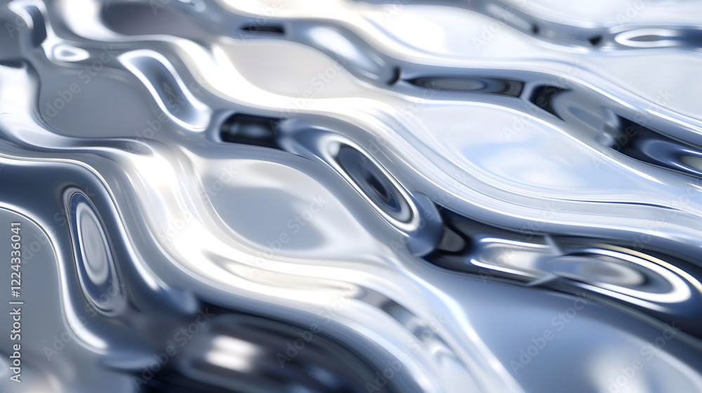 Abstract image of fluid, reflective waves creating a smooth, metallic texture. Abstract image of fluid, reflective waves creating a smooth, metallic texture.