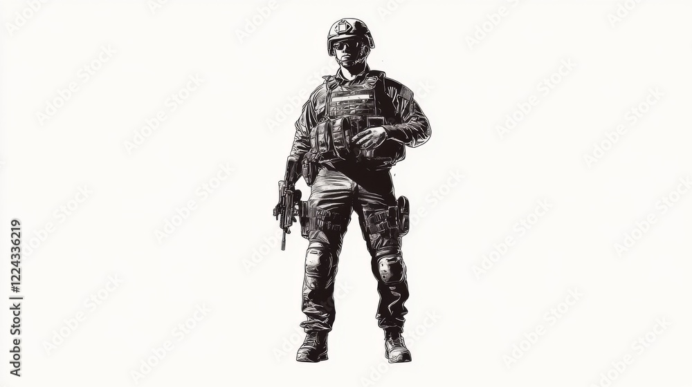 Armed soldier standing in tactical gear. Armed soldier standing in tactical gear.